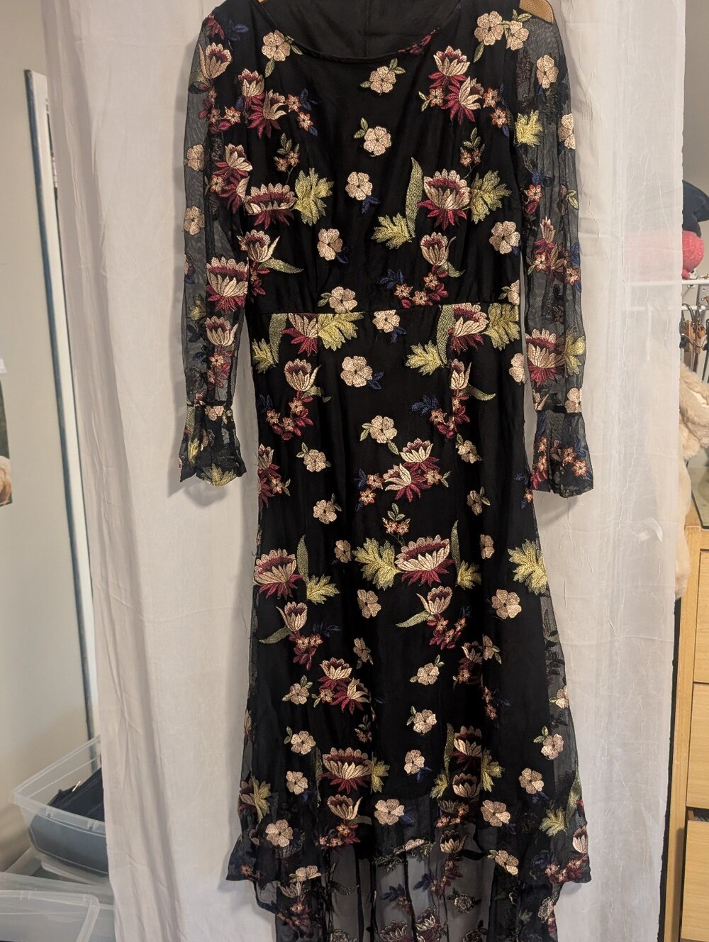 Women’s Black Floral Mesh Midi Dress with Long Sleeves
